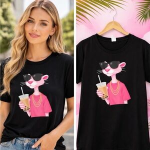 Black Graphic Tee with Pink Panther Design